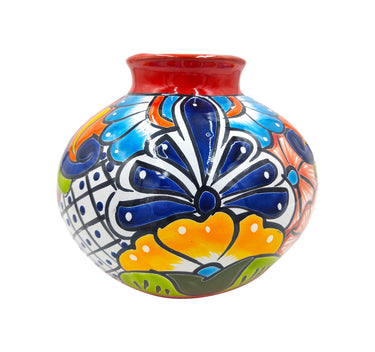 Mexican Talavera Hand Painted Flower Vase - Traditional Mexican Decorative Florero for Home Décor With Red Trim